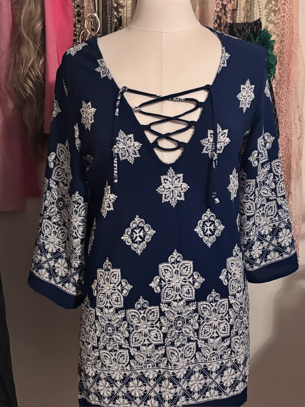 Fred David Navy Blue Ornate Tile Print Lace-Up Boho Dress Tunic Small S